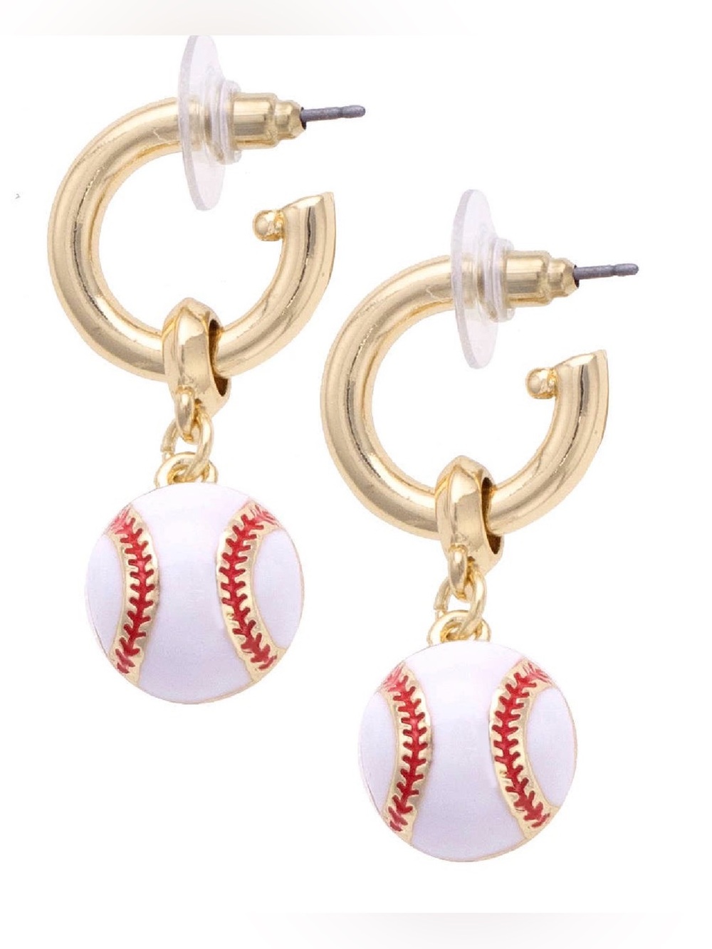 Gold Hoop Earrings with White & Red Baseball Charms
